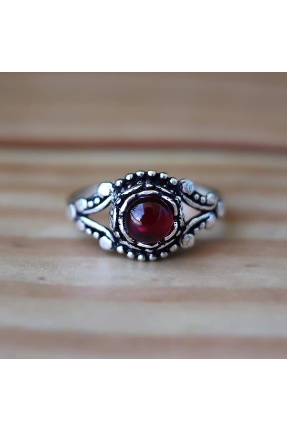 Divya Shakti Red Garnet Ring, January Birthstone Ring, 925 Sterling Silver Ring, Round Cut Gemstone Ring, Designer Ring, Silver Oxidized Ring, Boho Ring*