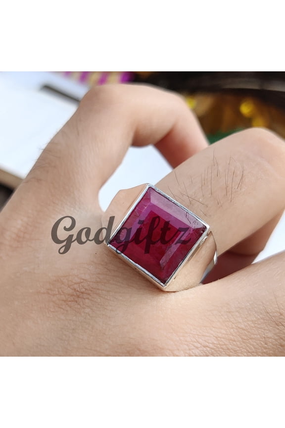 Divya Shakti Sterling Silver Ruby Ring: Square Bezel, Bohemian Style
