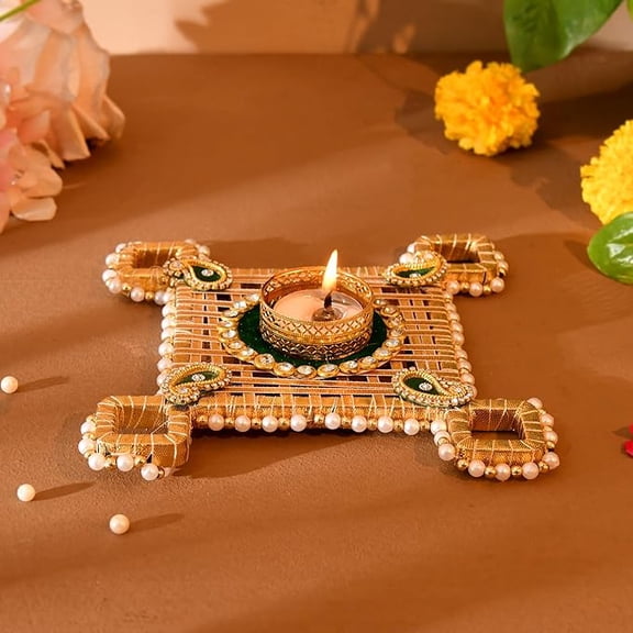 Diwali Decor Items, Decorative Tealight Candle Holder Platter for Rangoli Decoration Diwali Decoration for Home, Gotta Patti Decorative, Deepawali Gifts for Family and Friends