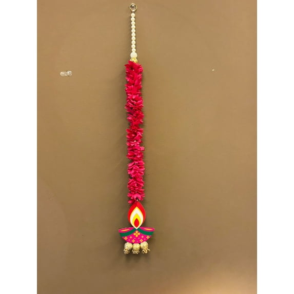 Diwali Diya Wall Hanging with Pink Artificial Flower Garland – Single Piece Festive Decoration for Door, Wall, and Pooja Room