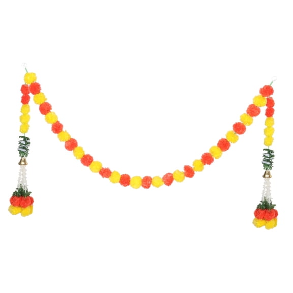 Diwali Marigold Garland for Home Decoration, Artificial Marigold Flowers Hanging with Bells Leaves for Day of The Dead Halloween Thanksgiving Autumn