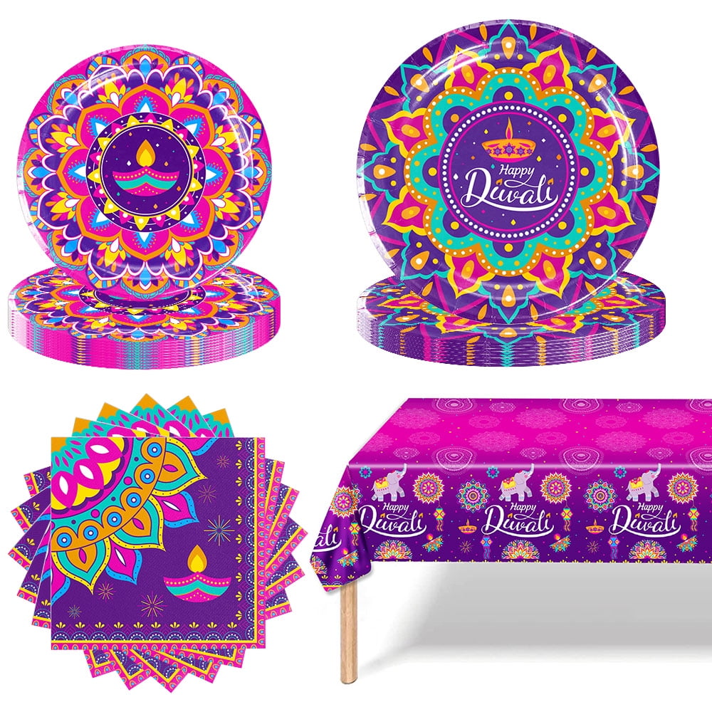 Diwali Party Supplies,Happy Diwali Party Disposable Tableware Paper Plates and Napkins,Disposable Tablecloth,Indian Festival of Lights Hindu Deepavali Party Decorations