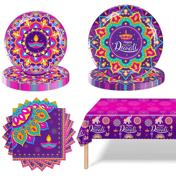 Diwali Party Supplies,Happy Diwali Party Disposable Tableware Paper Plates and Napkins,Disposable Tablecloth,Indian Festival of Lights Hindu Deepavali Party Decorations