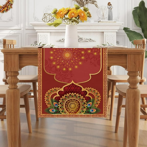 Diwali Peacock Table Runner Deepawali Indian Festival of Lights Decorations and Supplies for Home Kitchen Dining Room Table (13.8 X 71 Inch)