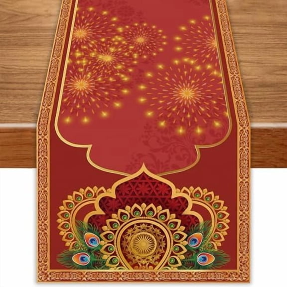 Diwali Peacock Table Runner Deepawali Indian Festival of Lights Decorations and Supplies for Home Kitchen Dining Room Table (13 X 72 Inch)