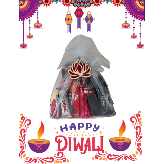 Diwali Premium Gift Hamper Festive Snack & Treat Basket | Wrapped elegantly in a white net with a decorative lotus charm and tassel