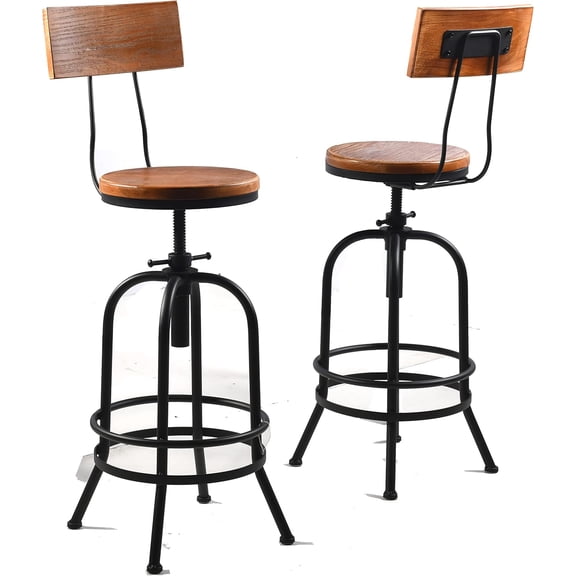 Diwhy Bar Stool-26-32 Inch Adjustable Swivel Metal Wood Seat Stool Bar Height Bar Stool with Backrest-for Kitchen, Dining Side Chair, Pub, Bistro, Set of 2, Black