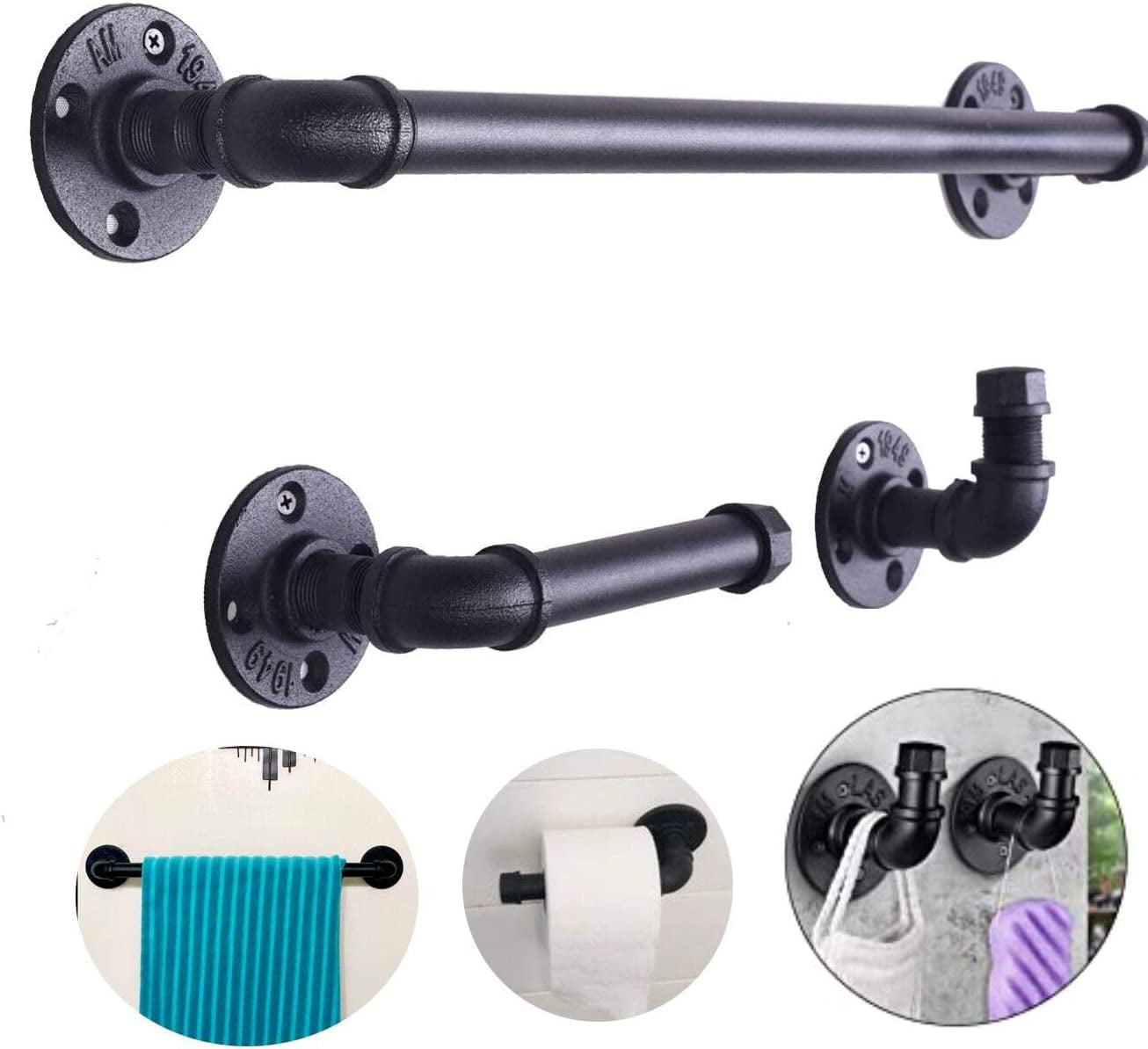 Diwhy Industrial Pipe Bathroom Hardware Fixture Set by Pipe Decor 3 Piece Kit includes Robe Hook 18 Inch Towel Bar and Toilet Paper Holder Heavy Duty DIY Style Modern Chic Electroplated Black Finish