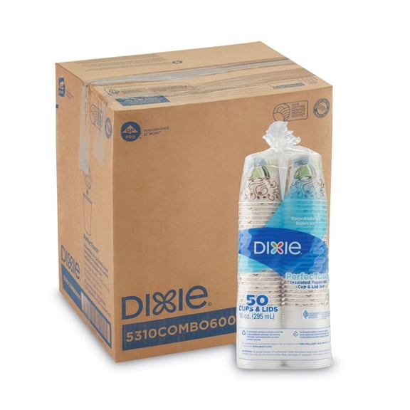 Dixie 5310COMBO600 10 oz. PerfecTouch Paper Hot Cups and Lids Combo - Multicolor (6-Packs/Carton)