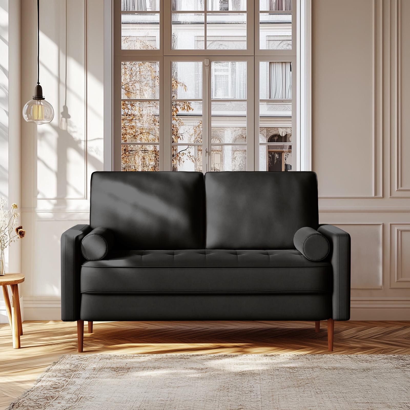 Dixie 57" Small Sofa Loveseat Couch, Premium Velvet Fabric And 2 Bolster Pillows Suitable for Apartment or Small Living Room, Black