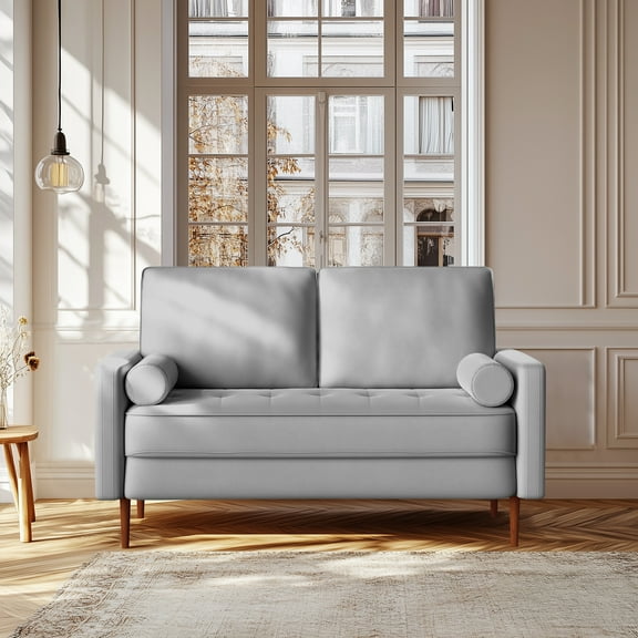 Dixie 57" Small Sofa Loveseat Couch, Premium Velvet Fabric And 2 Bolster Pillows Suitable for Apartment or Small Living Room, Grey