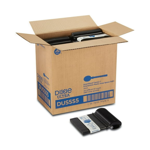 SmartStock T-Series Disposable Cutlery Refills, Polystyrene Soup Spoons, Black, 40 Soup Spoons Per Refill, Box Of 24 Refills