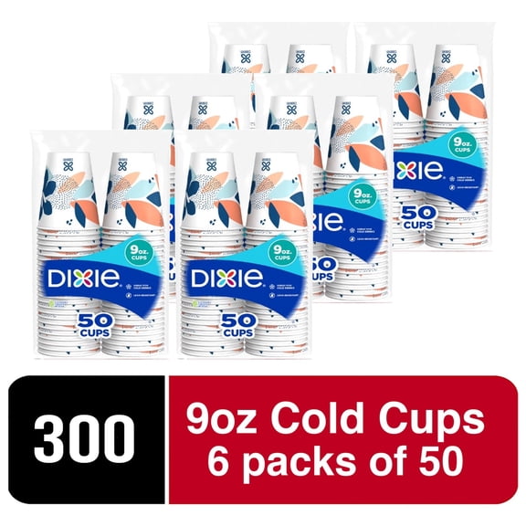 Dixie Disposable Paper Cups, 9 oz, Multi-Color, 300 Count (6 Packs of 50), Leak-Resistant Cups