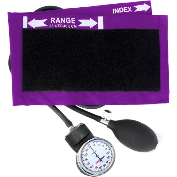 Dixie Ems Deluxe Aneroid Sphygmomanometer Blood Pressure Set W/Adult Cuff, Carrying Case and Calibration Tool - Purple