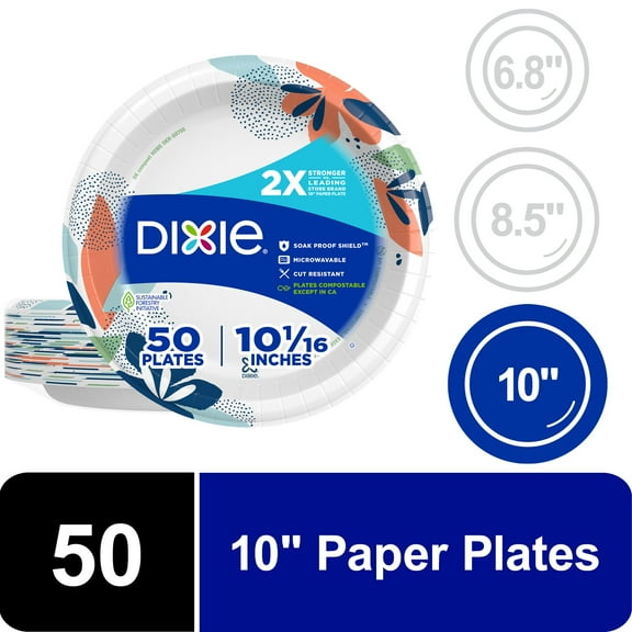 Dixie Disposable Paper Plates, 10", Multi-Color, 50 Count