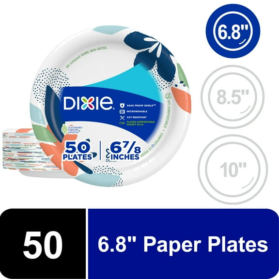Dixie Everyday Disposable Paper Plates, 6.8", Multi-Color, 50 Count