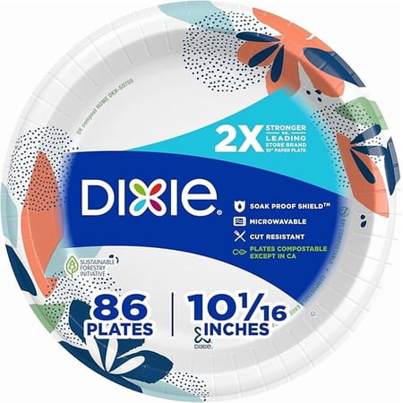 Dixie Large Paper Plates, 10 Inch, 2X Stronger*, Microwave-Safe, Lunch, 86 Count