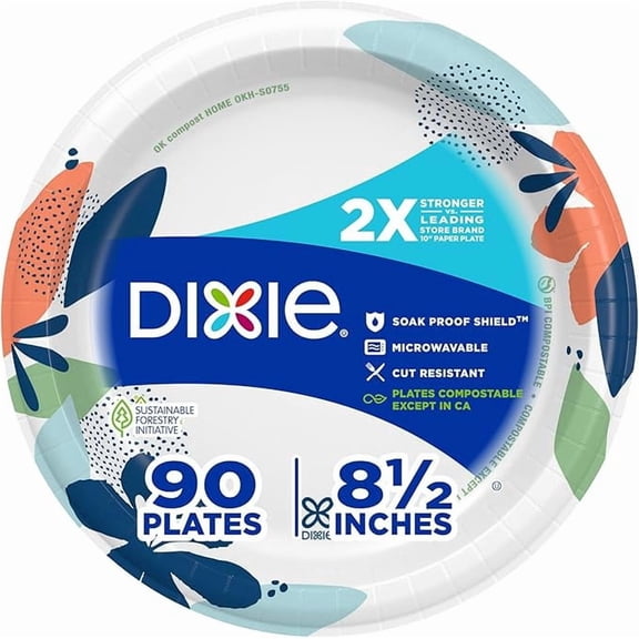 Dixie Medium Paper Plates, 8.5 Inch, 90 Count, 2X Stronger*, Microwave-Safe, Soak-Proof, Cut Resistant, Disposable Plates For Everyday Breakfast, Lunch, & Dinner Meals