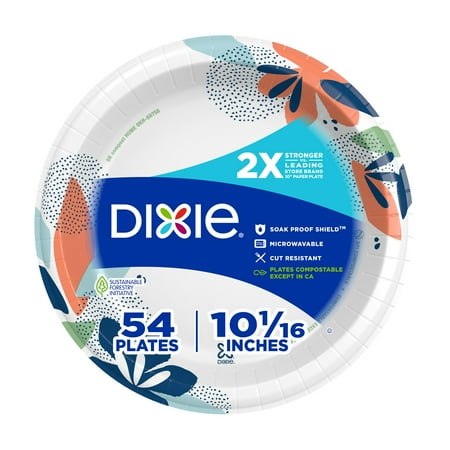 Dixie Large Paper Plates, 10 Inch, 54 Count, 2X Stronger*, Microwave-Safe, Soak-Proof, Cut Resistant, Disposable Plates For Everyday Breakfast, Lunch, & Dinner Meals RDD10