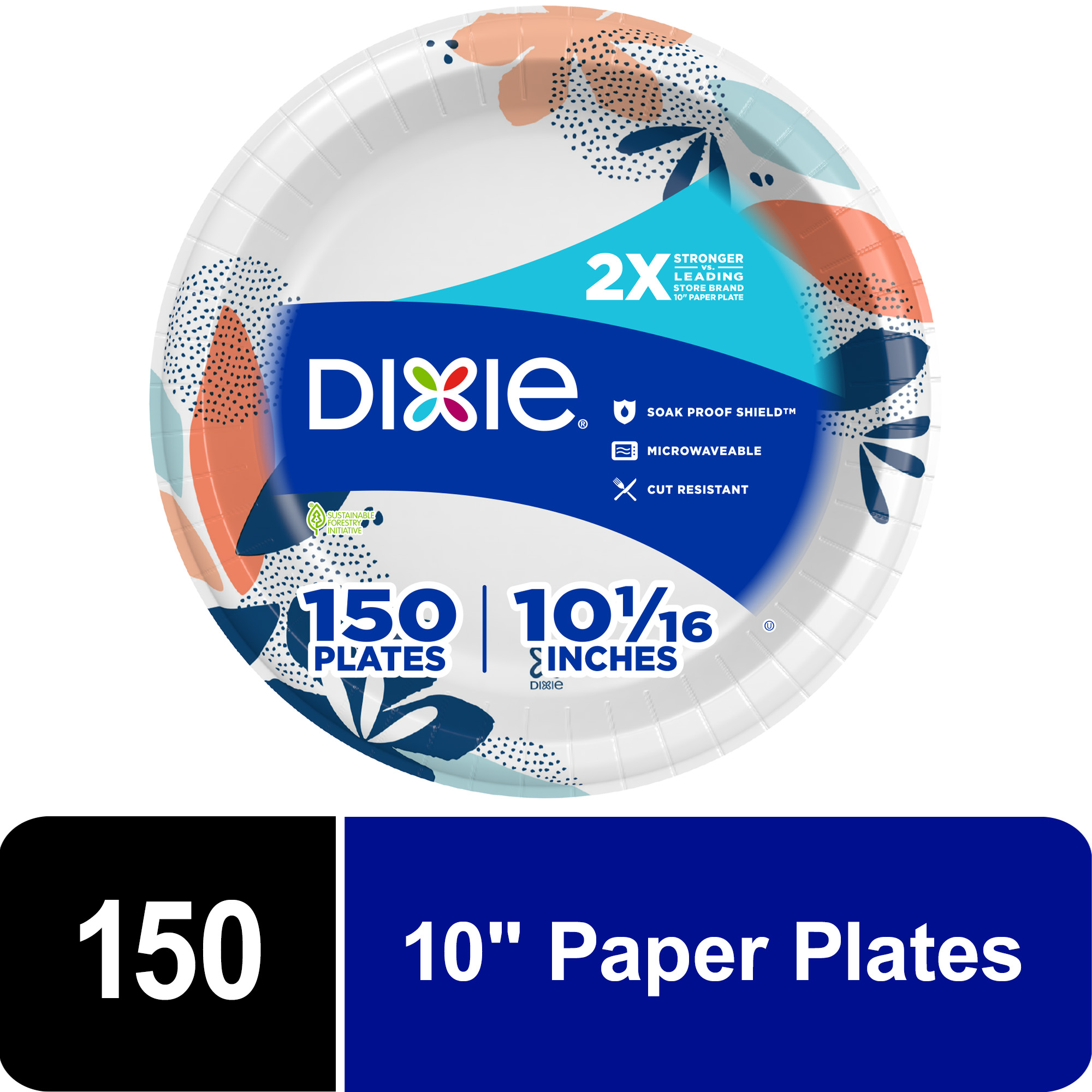 Dixie Paper Plates,10 Inch, 150 Count, 2X Stronger*, Multicolor, Disposable Plates - image 1 of 15