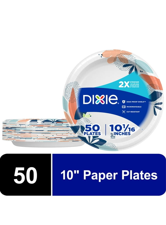 Dixie Paper Plates,10 Inch, 50 Count, 2X Stronger*, Multicolor, Disposable Plates
