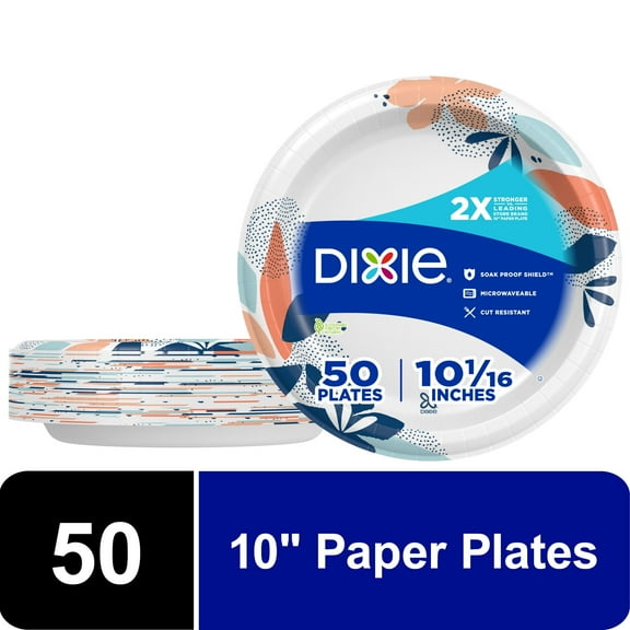 Dixie Paper Plates, 10 inch, 50 Count, 2X Stronger*, Multicolor, Disposable Plates (Pack of 2)