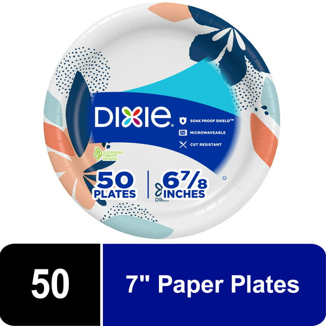 Dixie Paper Plates, 7 Inch, 50 Count, 2X Stronger*, Multicolor, Disposable Plates