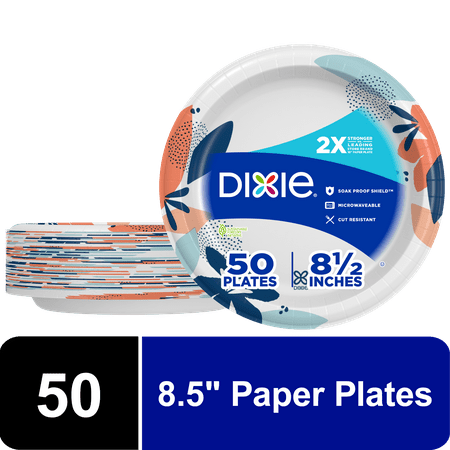 Dixie Paper Plates, 8.5 inch, 50 Count, 2X Stronger*, Multicolor, Disposable Plates
