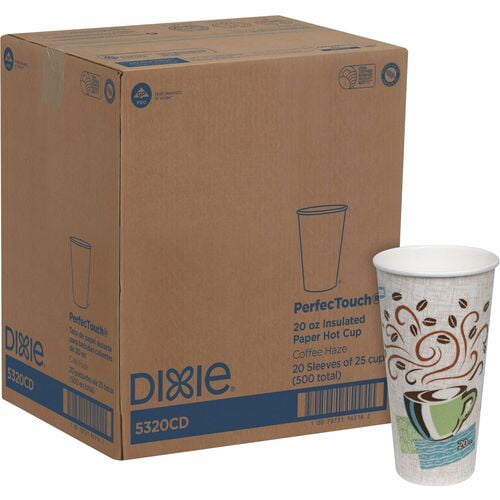 Dixie PerfecTouch 20 oz Insulated Paper Hot Coffee Cups by GP Pro, Coffee Haze, 20 fl oz, White, Green, Brown, Hot Drink (5320CD) | 2 Cartons (40 Packs)