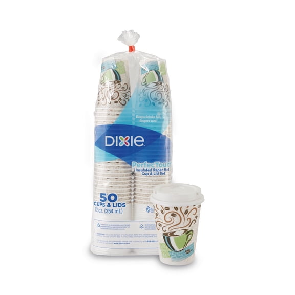 Dixie PerfecTouch Disposable Paper Hot Cups and Lids Combo, 12 Fl. Oz, Multicolor, 50 Count