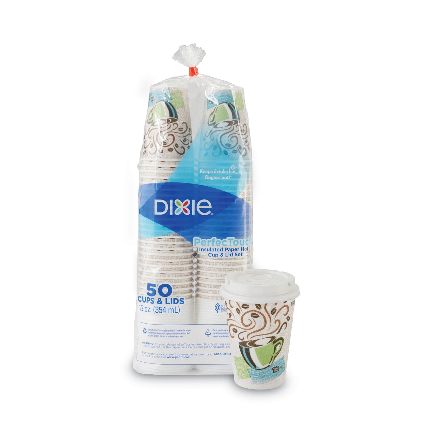 Dixie PerfecTouch Disposable Paper Hot Cups and Lids Combo, 12 Fl. Oz, Multicolor, 50 Count