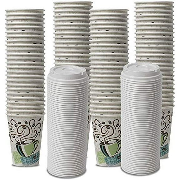 Dixie PerfecTouch WiseSize Coffee Design Insulated Paper Cup, 12oz Cups and Lids Bundle (12 oz, 100 Cups, 100 Lids)