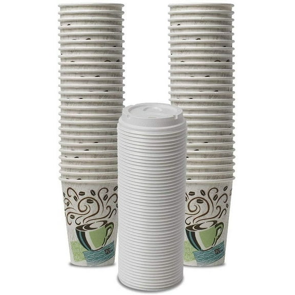 Dixie PerfecTouch WiseSize Coffee Design Insulated Paper Cup, 12oz Cups and Lids Bundle (12 oz, 50 Cups, 50 Lids)