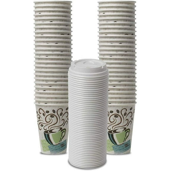 Dixie PerfecTouch WiseSize Coffee Design Insulated Paper Cup, 12oz Cups and Lids Bundle (12 oz, 50 Cups, 50 Lids)