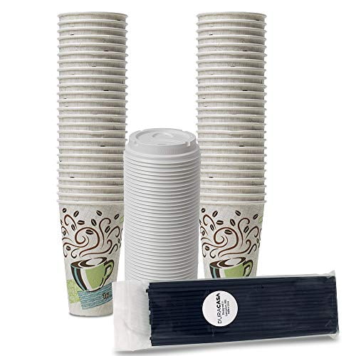 Dixie PerfecTouch WiseSize Coffee Design Insulated Paper Cup, 16oz Cups, Lids, and DuraCasa Drinking/Stirring Straws Bundle (16 oz, 50 Cups, 50 Lids 50 Straws)