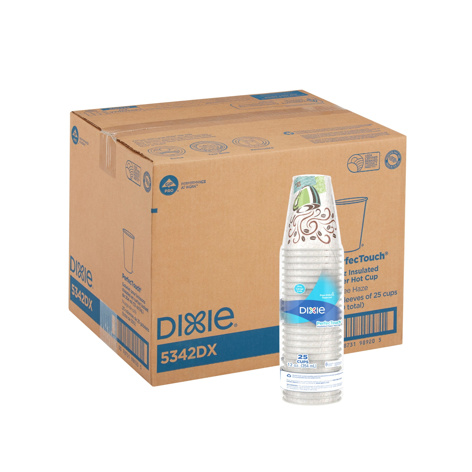 GEORGIA-PACIFIC Dixie PerfecTouch Insulated Hot Cups, 12 oz, Coffee Haze, 500 Count (25 Cups Per Pack, 20 Packs Per Case)