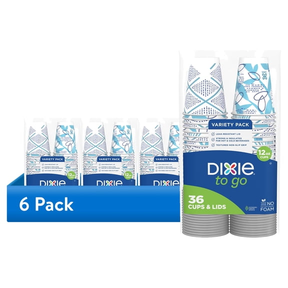 (6 pack) Dixie To Go Disposable Paper Cups, 12 oz, Multi-Color, 36 Count