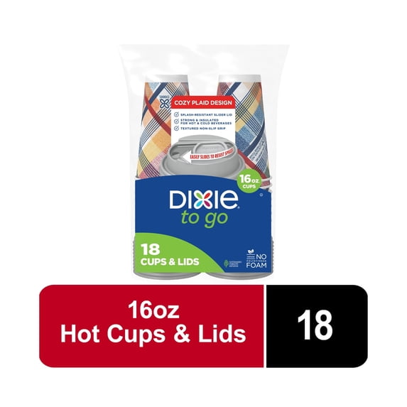 Dixie To Go 16 oz Disposable Paper Cups with Slider Lid, Cozy Plaid, 18 Count