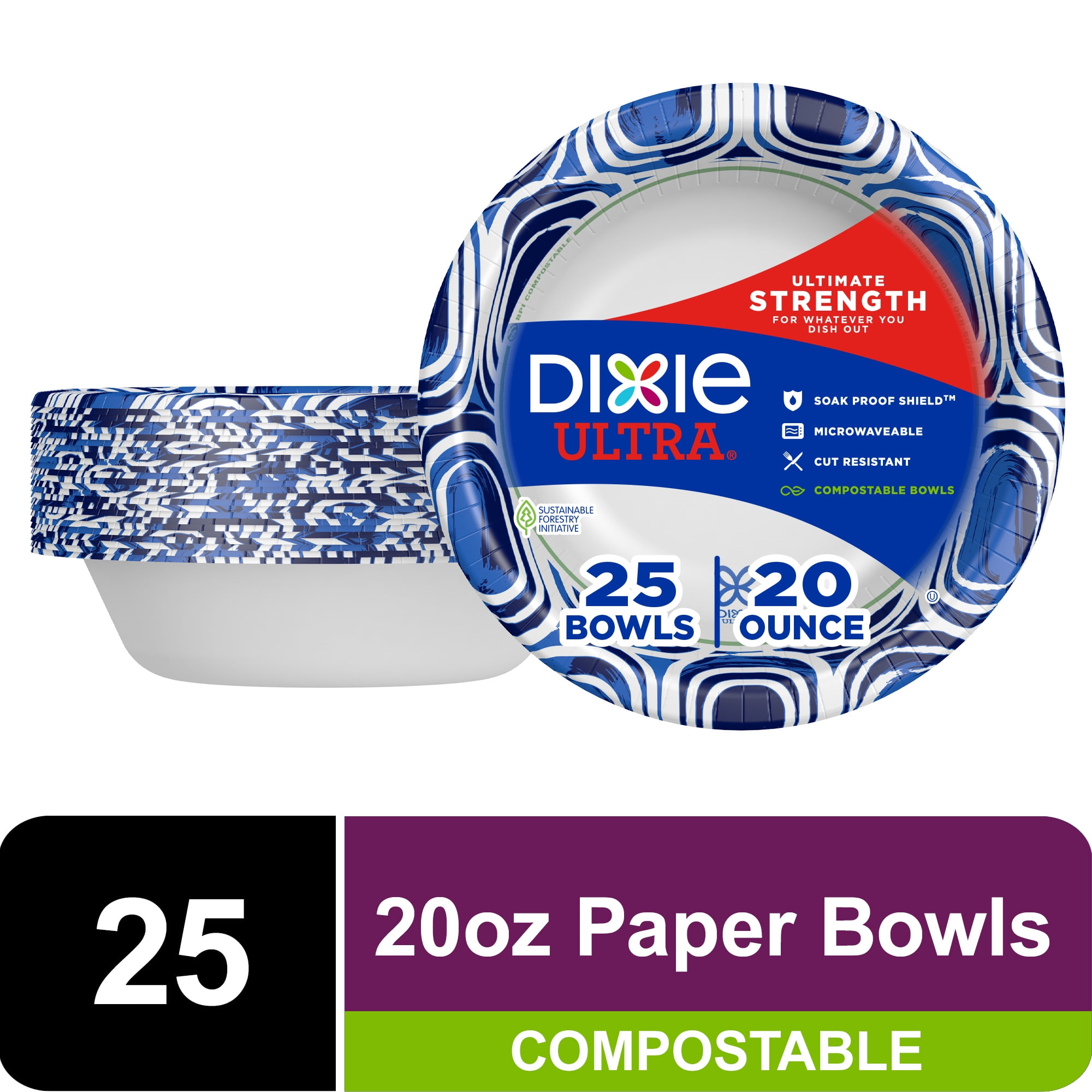 Dixie Ultra Compostable Paper Bowls, 20 Ounce, 25 Count, Multicolor