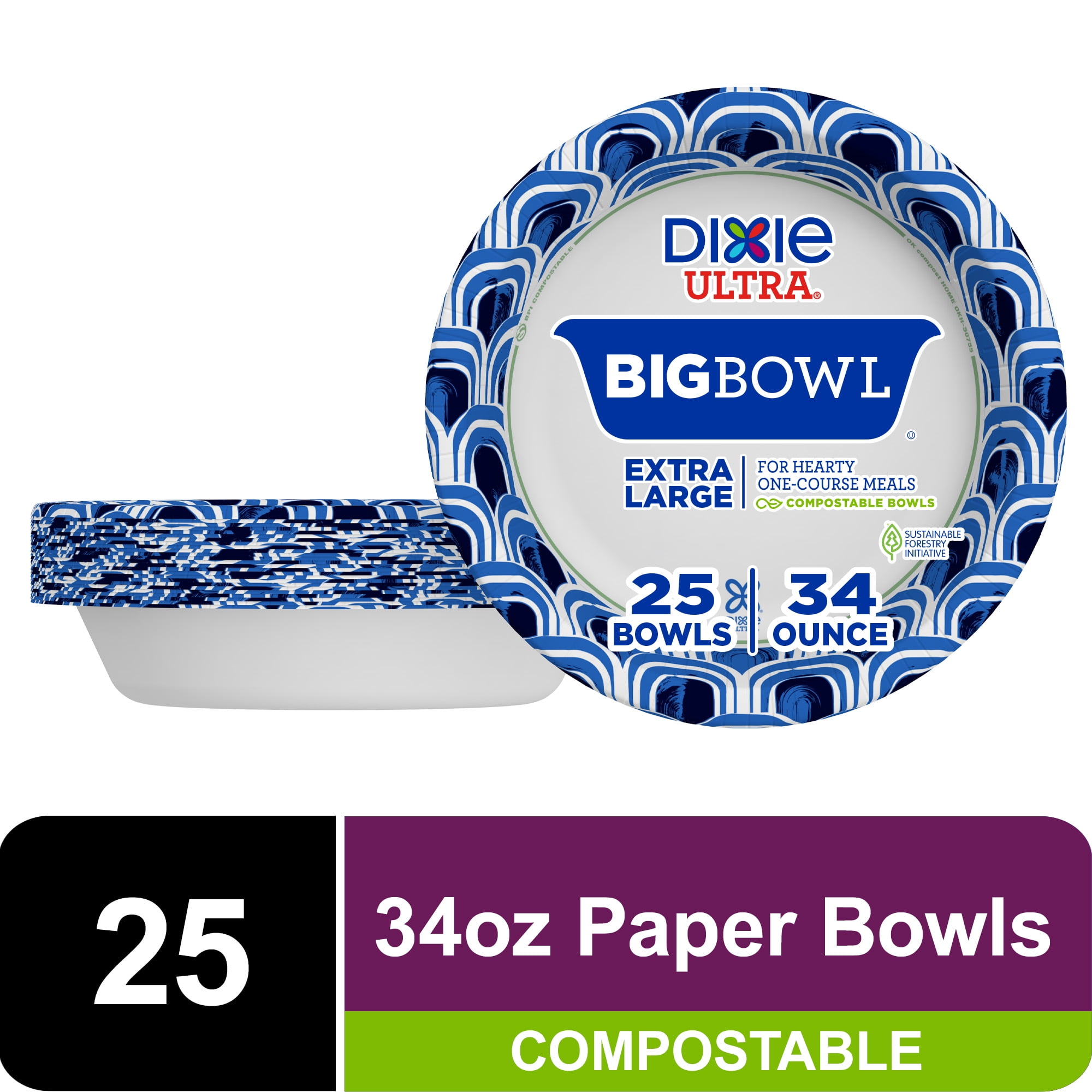 Dixie Ultra Big Bowl Disposable Paper Bowls, 34 oz, Multi-Color, 25 Count