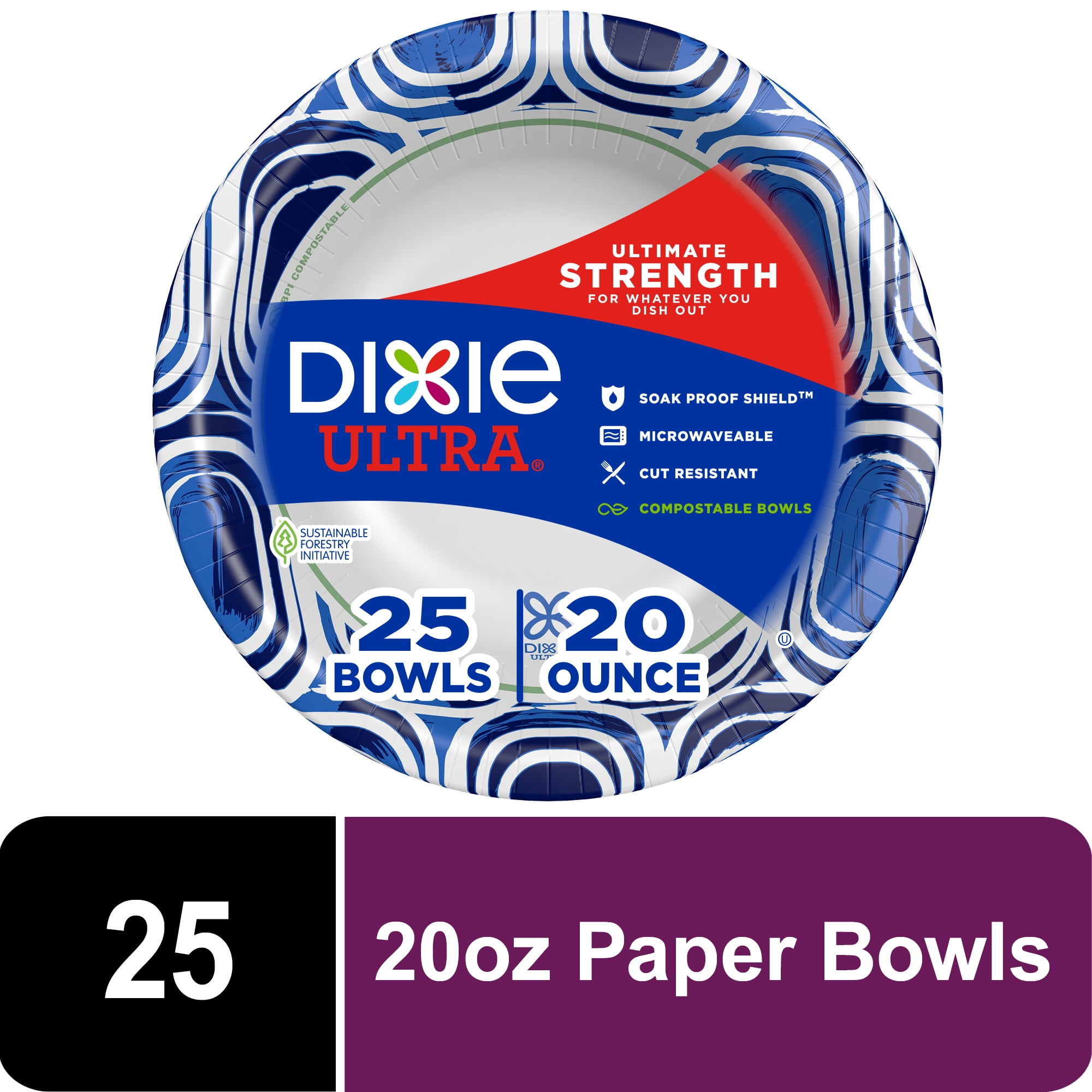 Dixie Ultra Compostable Paper Bowls, Multicolor, 20 Ounce, 25 Count