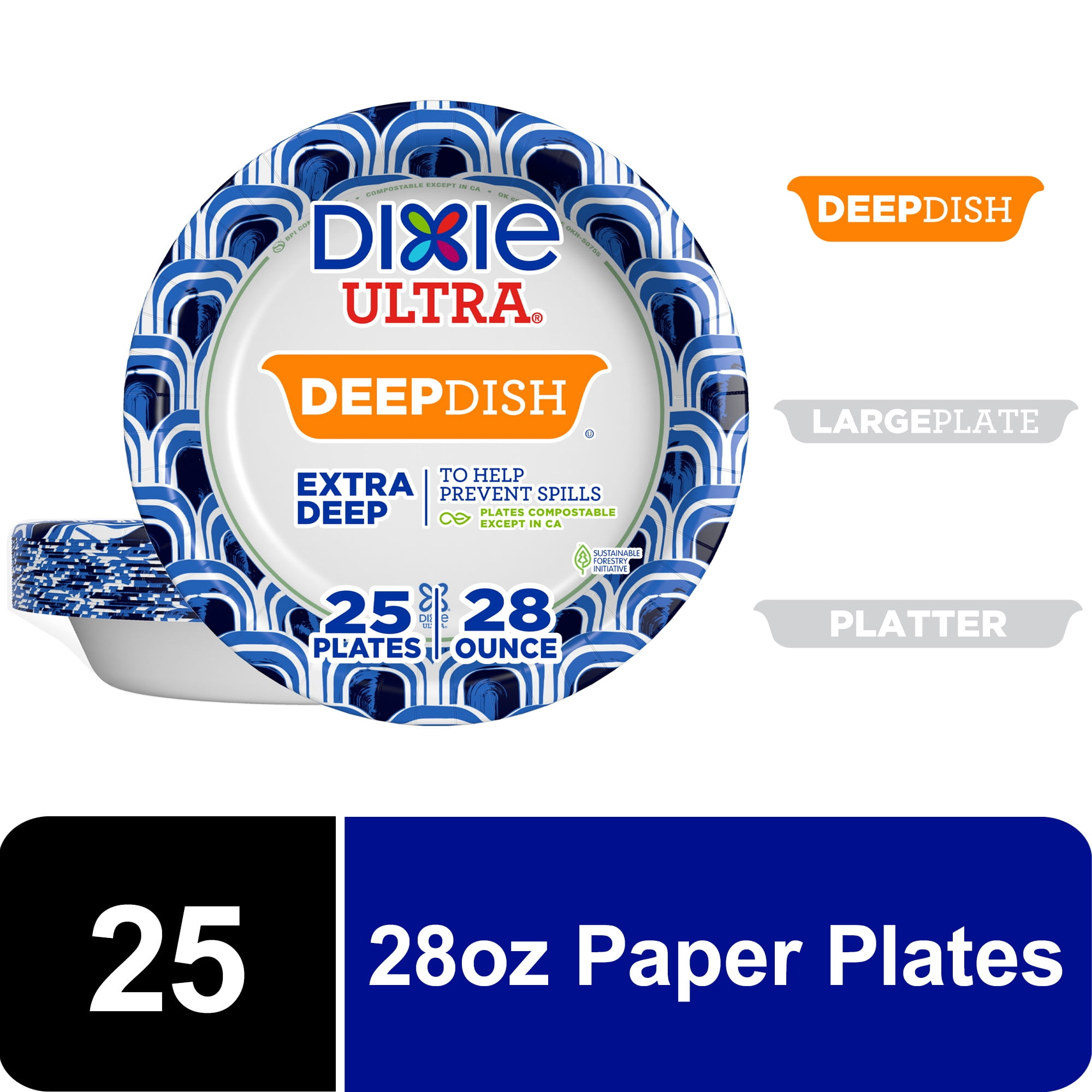 Dixie Ultra Deep Dish Disposable Paper Plates, 28 oz, Multi-Color, 25 Count