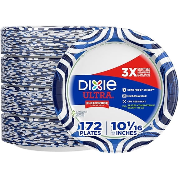 Dixie Ultra, Large Paper Plates, 10 Inch, 43 Count (Pack of 4), 3X Stronger*, Heavy Duty, Microwave-Safe, Soak-Proof, Cut Resistant, Disposable Plates for Heavy, Messy Meals
