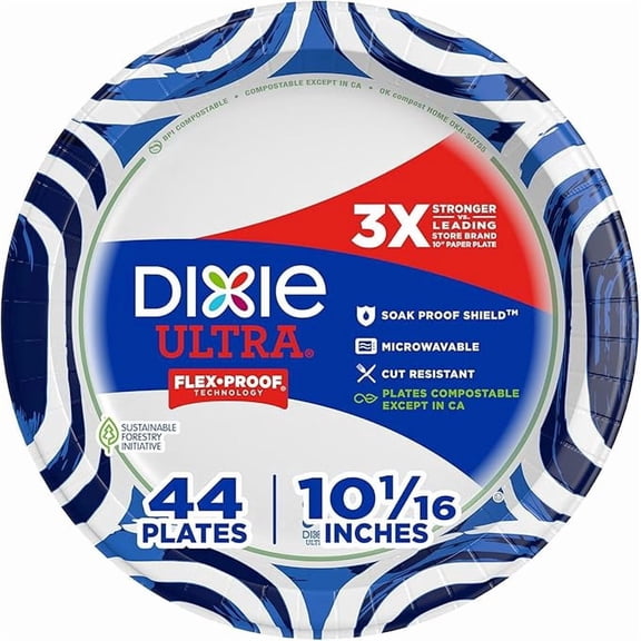 Dixie Ultra, Large Paper Plates, 10 Inch, 44 Count, 3X Stronger*, Heavy Duty, Microwave-Safe, Soak-Proof, Cut Resistant, Disposable Plates For Heavy, Messy Meals