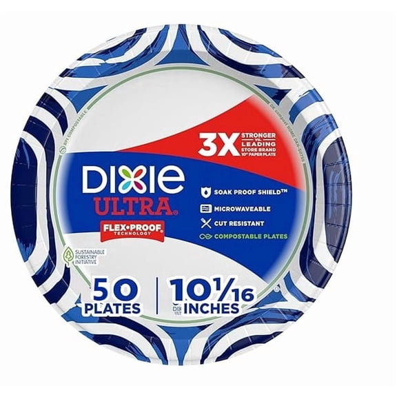 Dixie Ultra, Large Paper Plates, 10 Inch, 50 Count, 3X Stronger*, Heavy Duty, Microwave-Safe, Soak-Proof, Cut Resistant, Disposable Plates For Heavy, Messy Meals