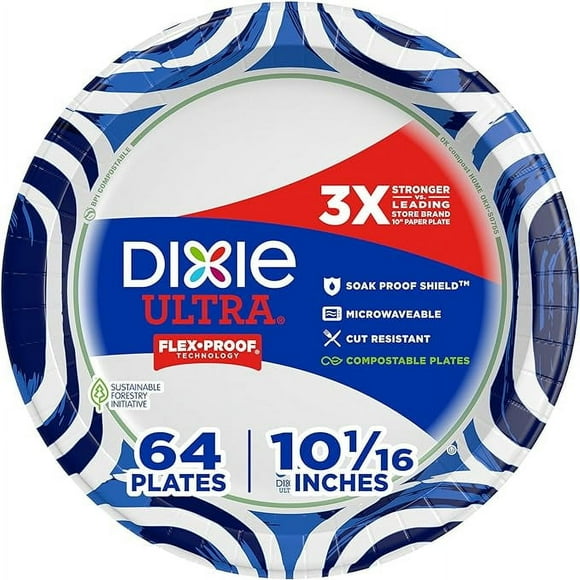 Dixie Ultra, Large Paper Plates, 10 Inch, 64 Count, 3X Stronger, Heavy Duty, Microwave-Safe, Soak-Proof, Cut Resistant, Disposable Plates For Heavy, Messy Meals