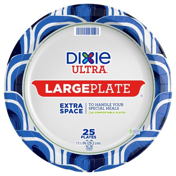 Dixie Ultra, Large TWE5Paper Plates, 11 Inch, 25 Count, 3X Stronger*, Heavy Duty, Microwave-Safe, Soak-Proof, Cut Resistant, Great for Heavy, Messy Meals