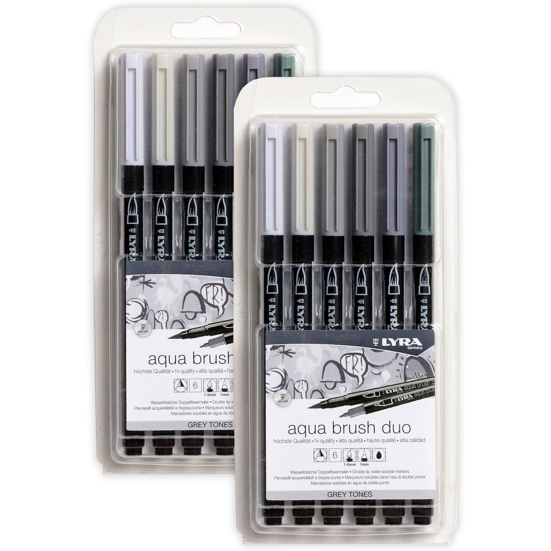 Lyra Aqua Brush Duo Dual Tip Markers, Gray Tones Set, Assorted Colors, 6 Piece, 2 Pack