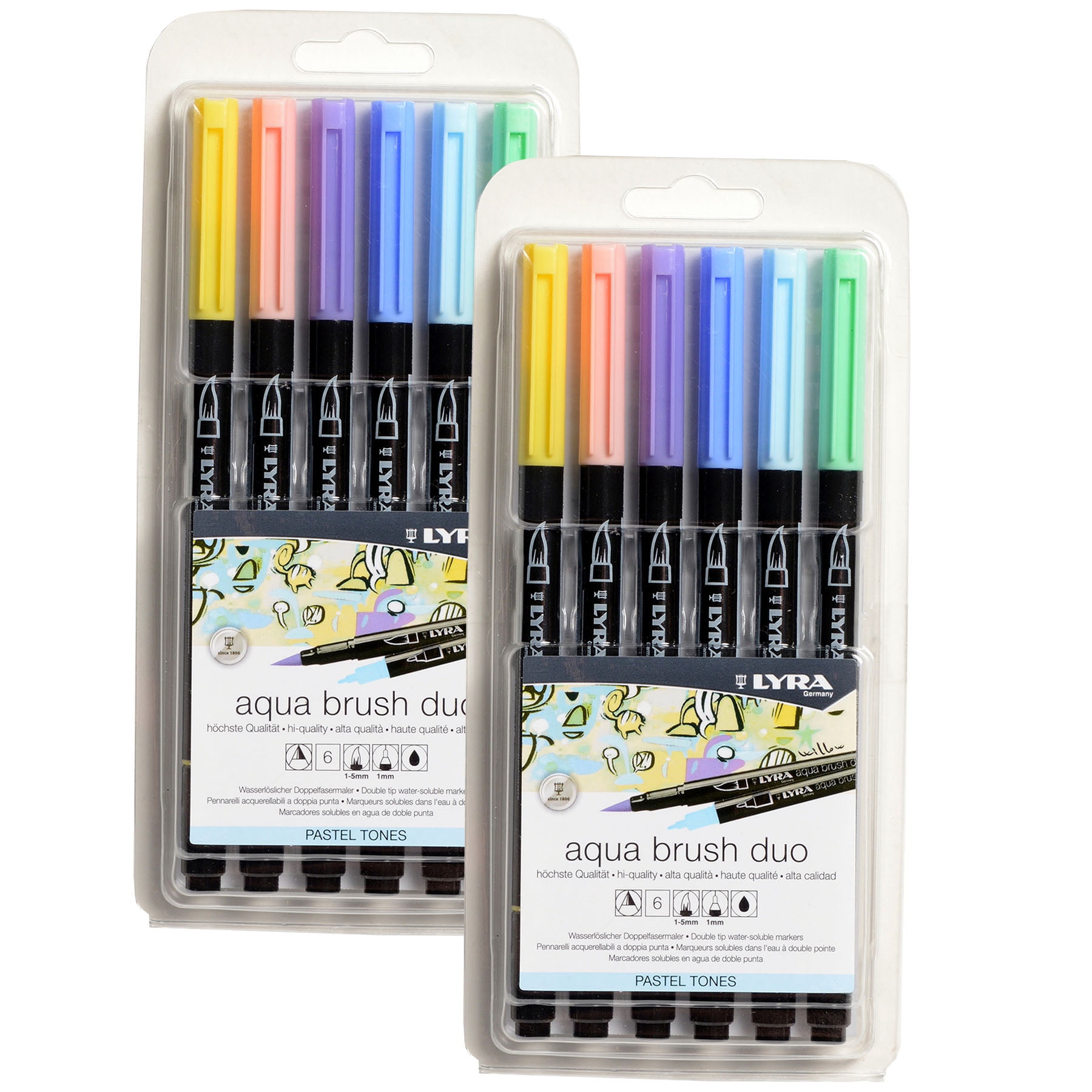 Lyra Aqua Brush Duo Dual Tip Markers, Pastel Tones Set, Assorted Colors, 6 Piece, 2 Pack