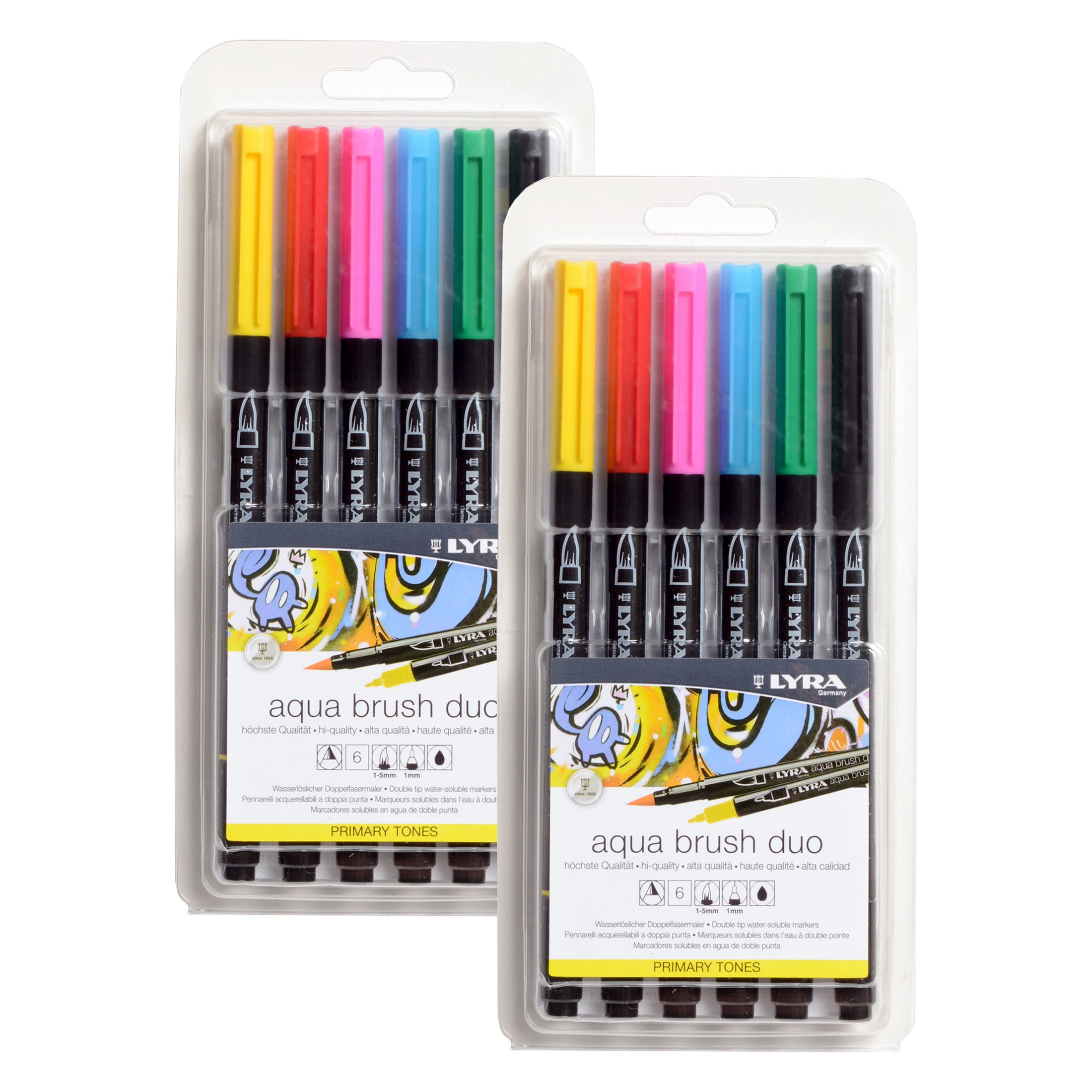 Lyra Aqua Brush Duo Dual Tip Markers, Primary Set, Assorted Colors, 6 Piece, 2 Pack